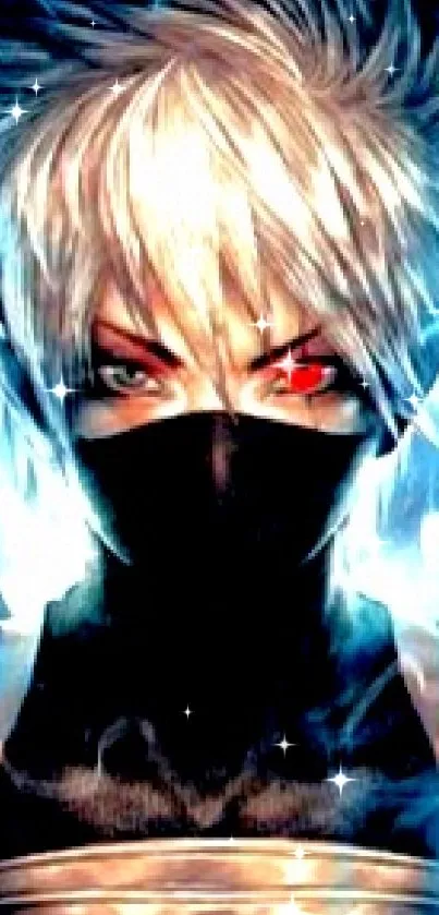 Anime character with mask and striking eyes in vibrant colors, perfect for mobile.