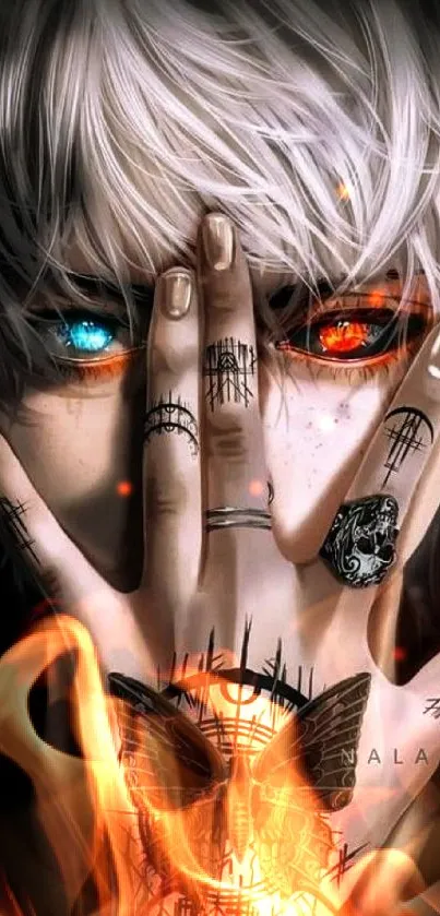 Anime character with heterochromatic eyes and hand tattoos in a dark theme.