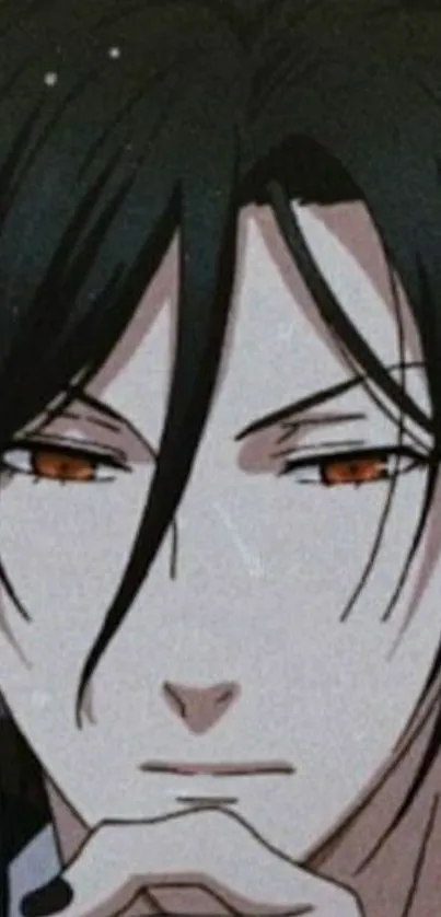 Mysterious anime character with dark hair and intense gaze.