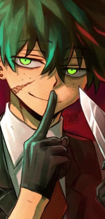 Mysterious anime character with green hair and knife on a red background.