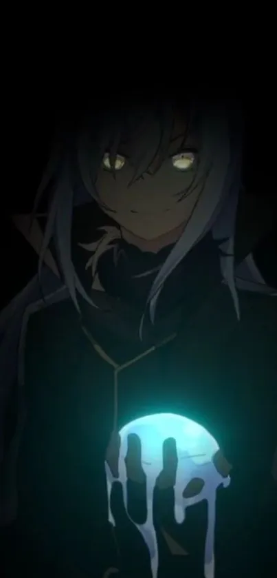 Anime character with glowing eyes and a blue orb in darkness.