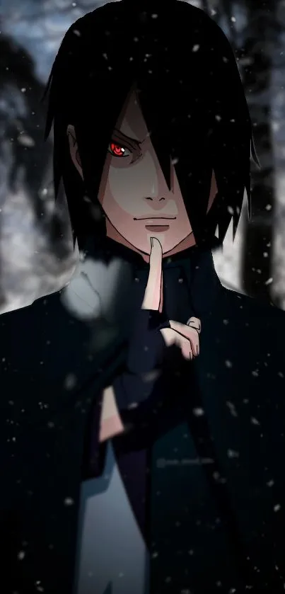 Mysterious anime character in a snowy forest with red eyes and dark hair.