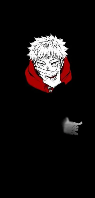 Anime character with red hoodie on black background.