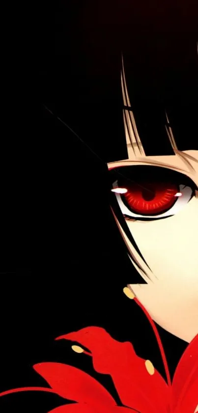 Anime wallpaper featuring a mysterious eye with red flower accents and a dark background.