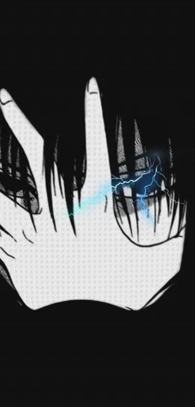 Mysterious anime face with electric blue highlights on a black background.