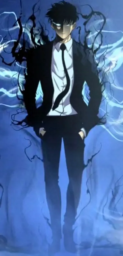 Anime figure in dark suit with blue aura and shadowy effects.