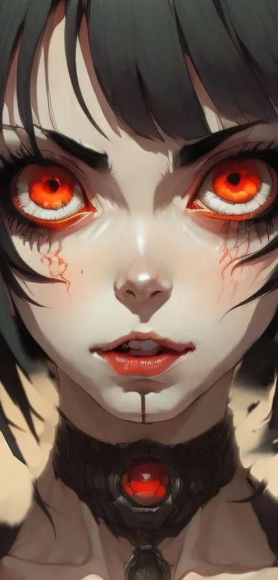 Mystical anime girl with glowing red eyes and dark hair in fantasy art style.