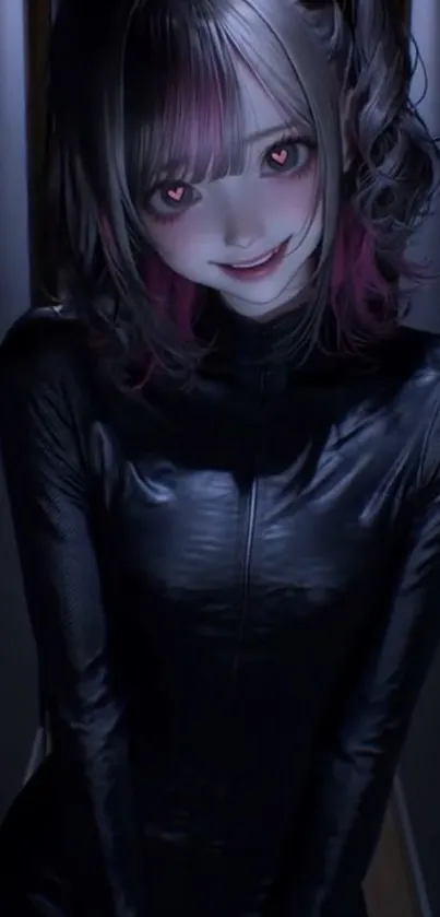 Mysterious anime girl with red eyes and dark attire in dim lighting.