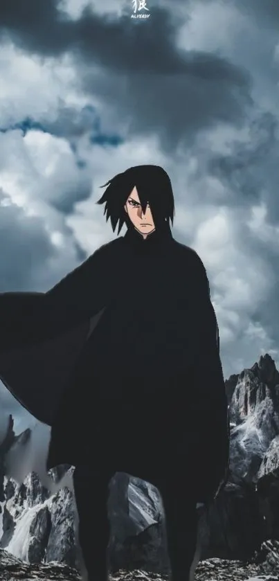 Anime character in dark cloak with stormy mountain backdrop.