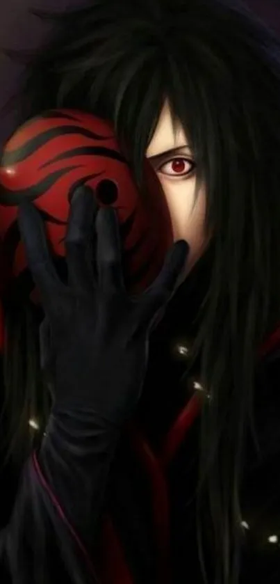 Dark anime character with a red-striped mask, mysterious vibe.