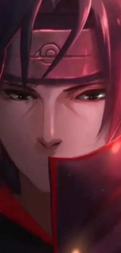 Anime ninja character with red hues and mysterious expression.