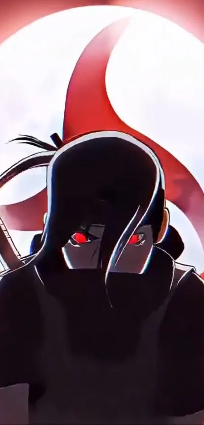 Anime ninja with red eyes in a dramatic red and white setting.