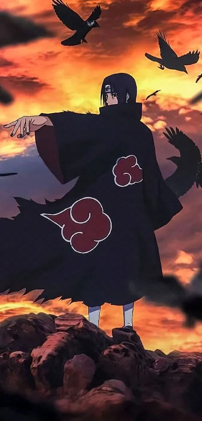 Anime character with crows in fiery sky wallpaper.