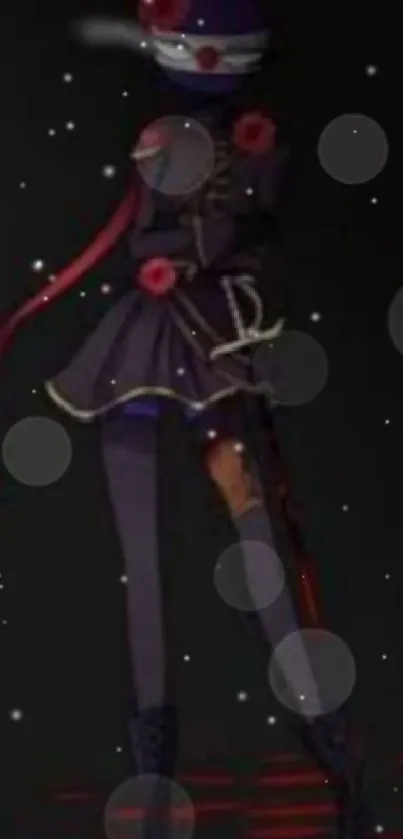 Mysterious anime warrior in a dark setting with red highlights.