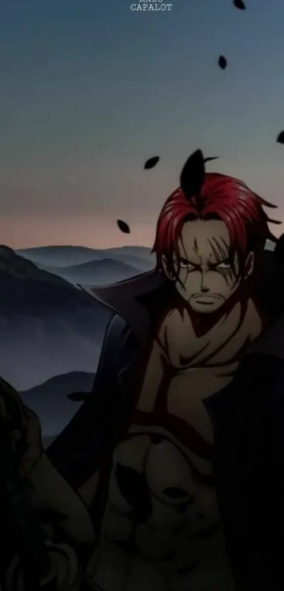 Anime warrior with red hair at twilight backed by dark blue mountains.