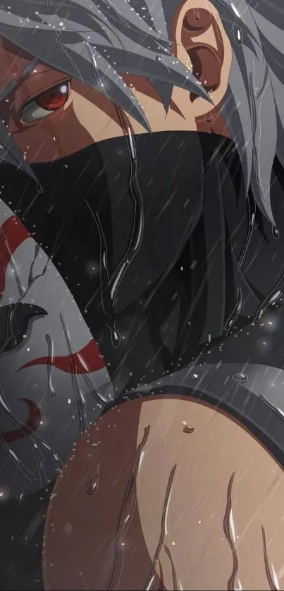 Anime warrior in the rain, mysterious masked character.