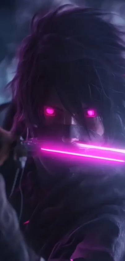 Mysterious warrior with neon pink sword, anime style.