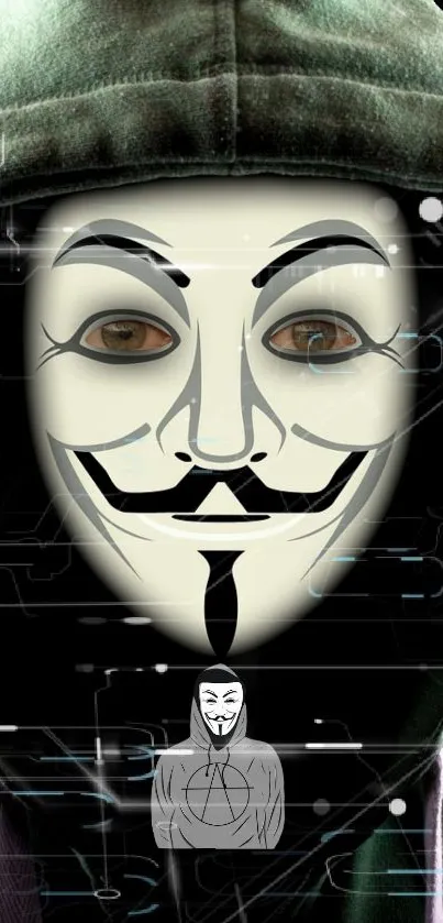 Anonymous mask in green hood against digital backdrop.