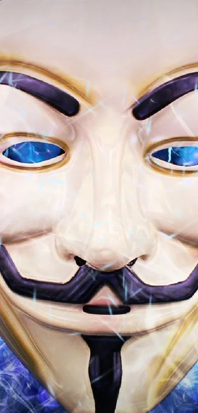 Mysterious mask with striking blue eyes and digital art theme.