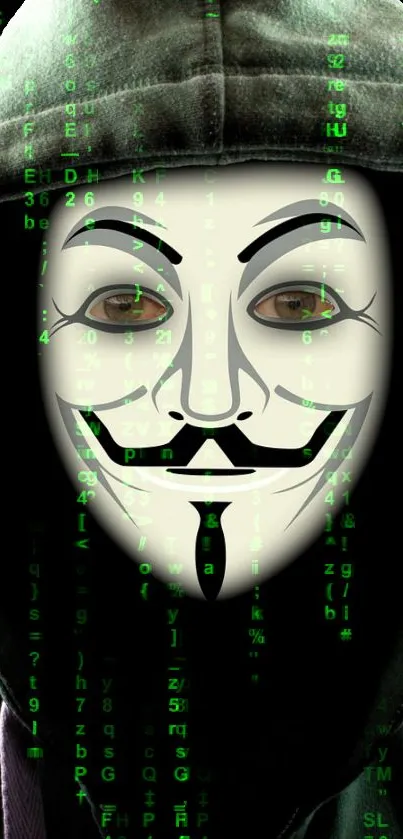 Anonymous mask with digital code background.