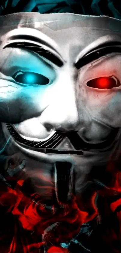 Anonymous mask with red and blue accents on a dark background.