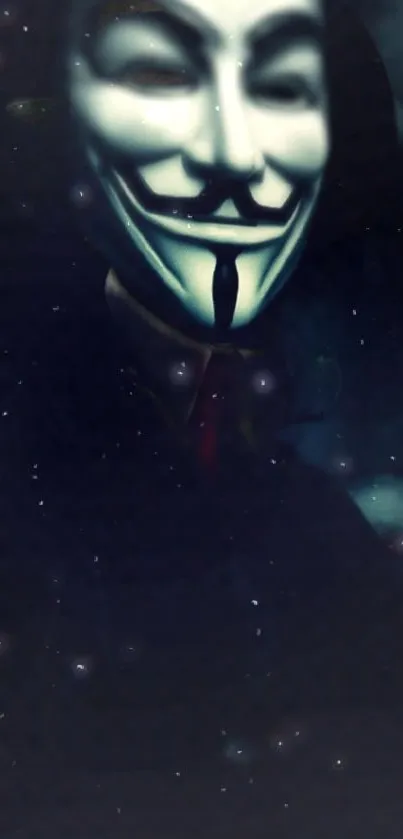 Mysterious Anonymous mask with dark, starry background.