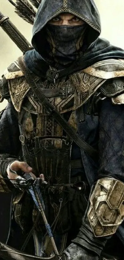 Hooded fantasy archer in intricate armor.