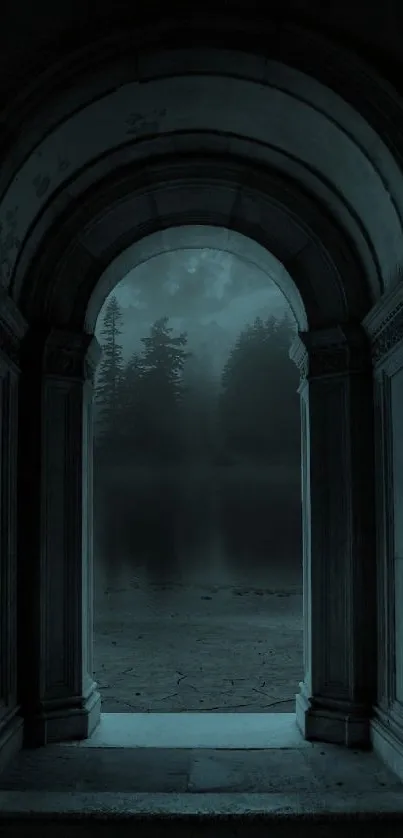 Mysterious archway leading to misty forest in dark cyan tones.