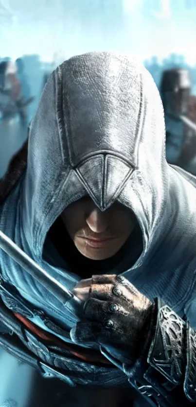 Hooded assassin with sword in intense battle scene.