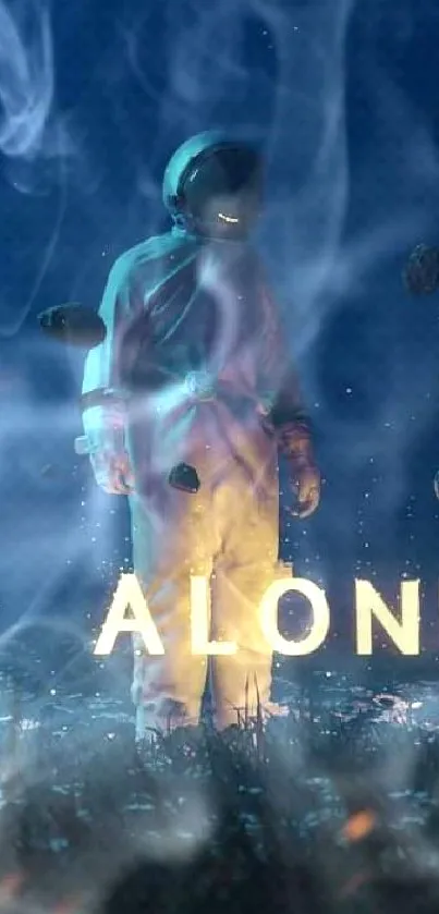 Astronaut in smoke with glowing 'ALONE' text.