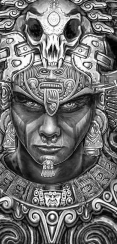 Black and white Aztec warrior with intricate designs and tribal elements.