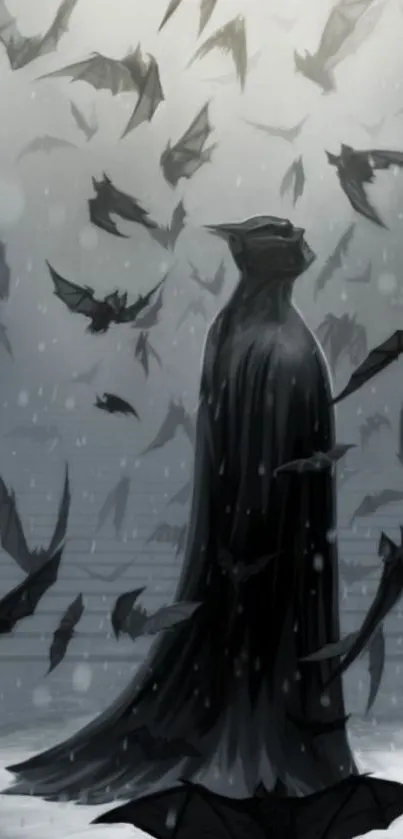 Dark silhouette surrounded by flying bats on a mysterious gray background.