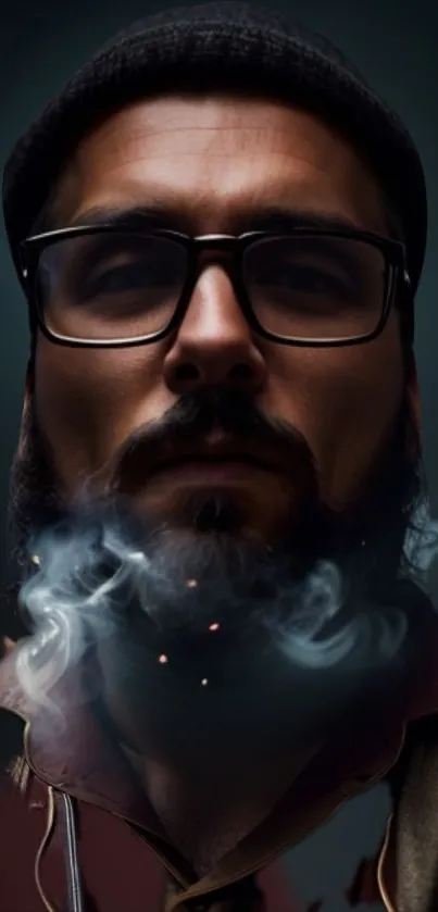 Portrait of a mysterious bearded man with glasses and smoke backdrop.