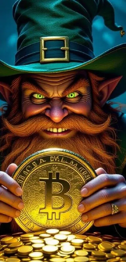 Leprechaun holding Bitcoin in fantasy scene.