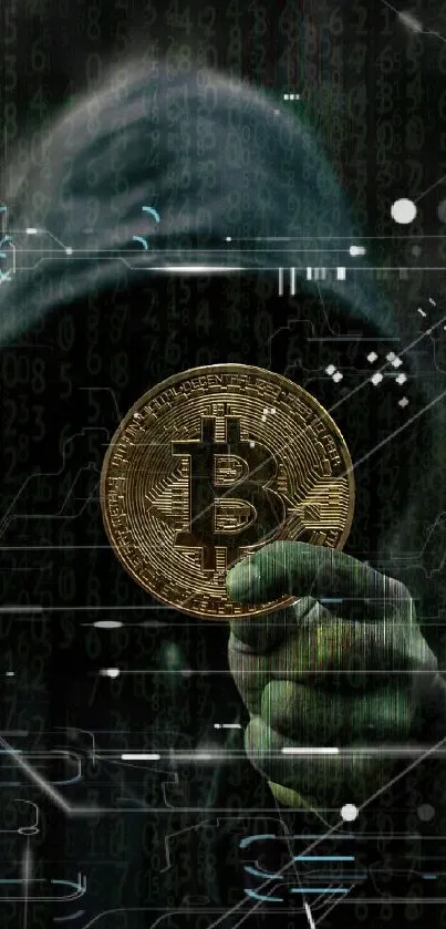 A hooded figure holding Bitcoin in dark mysterious art style.