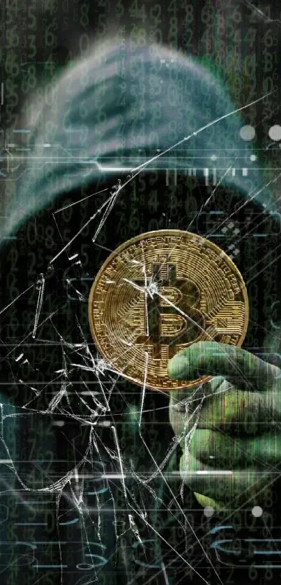 Hooded figure holding Bitcoin, mysterious digital background.