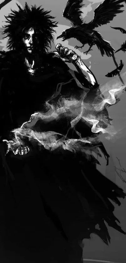 Dark mysterious figure with crows in monochrome art wallpaper.