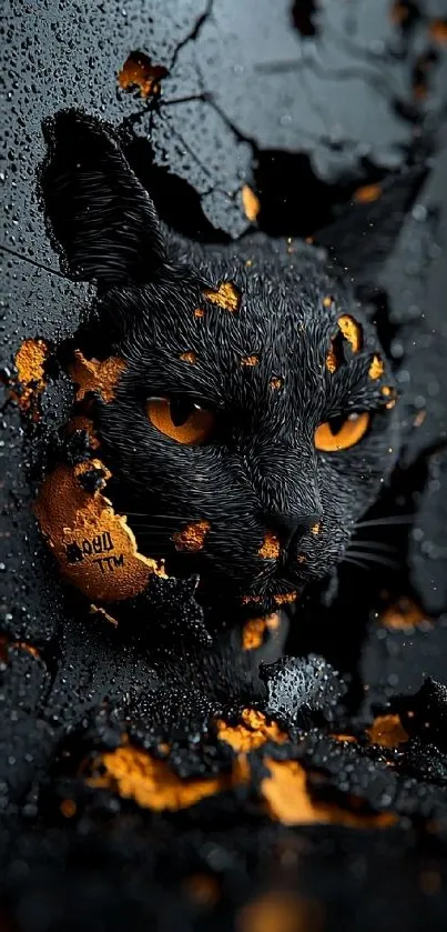 Mysterious black cat with vibrant eyes in a cracked texture design