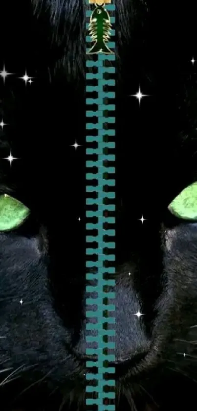 Black cat with green eyes and zipper effect on wallpaper background.