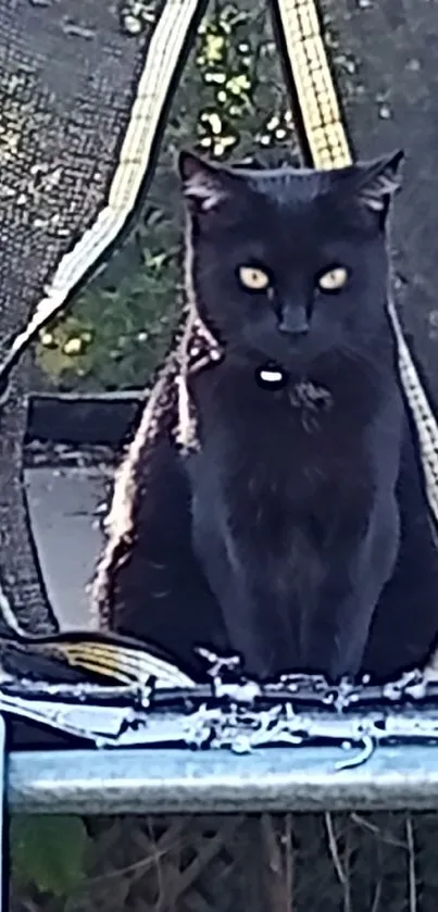 Black cat sitting on a trampoline outdoors.