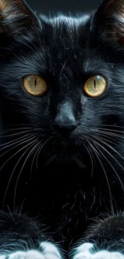 Close-up of a black cat with golden eyes in focus.