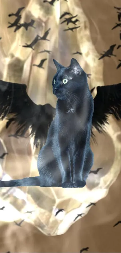 Black cat with wings in mystical scene mobile wallpaper.