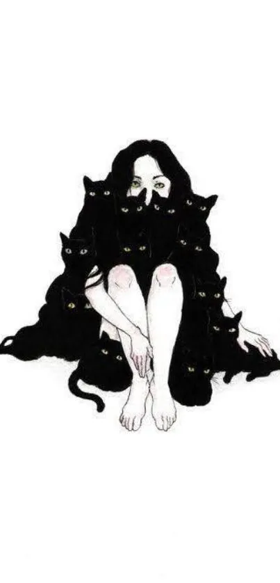 Artistic illustration of a woman surrounded by black cats on a mobile wallpaper.