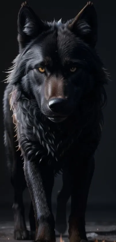 Majestic black wolf standing in dark background on mobile wallpaper.