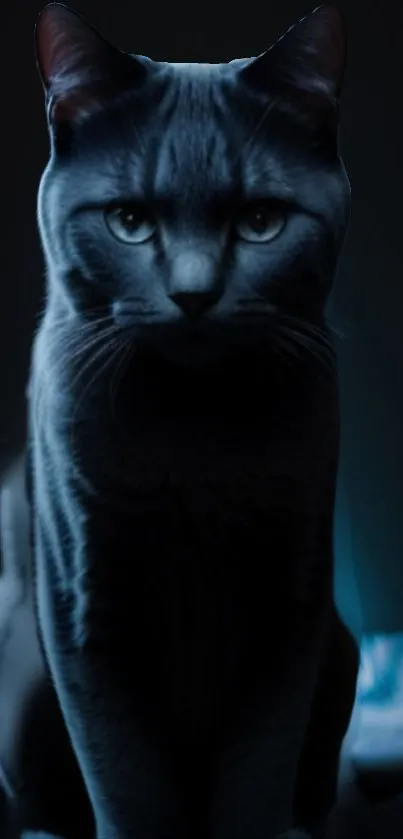 Mysterious blue cat silhouette with glowing effect.