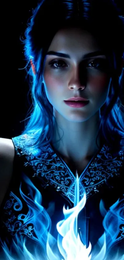 Mystical woman with a radiant blue-flame aura against a dark backdrop.