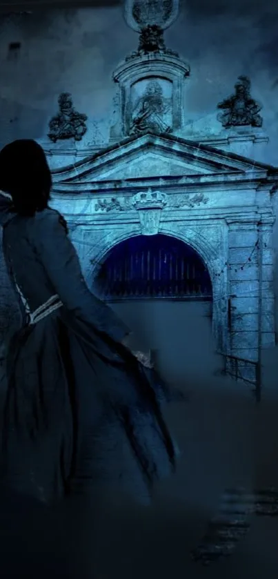 Silhouette in front of a blue gothic archway at night.