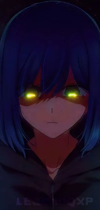 Blue-haired anime character with glowing eyes.