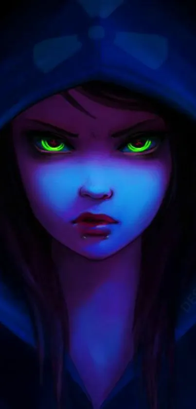 Mysterious hooded figure with glowing green eyes in dark blue tones.