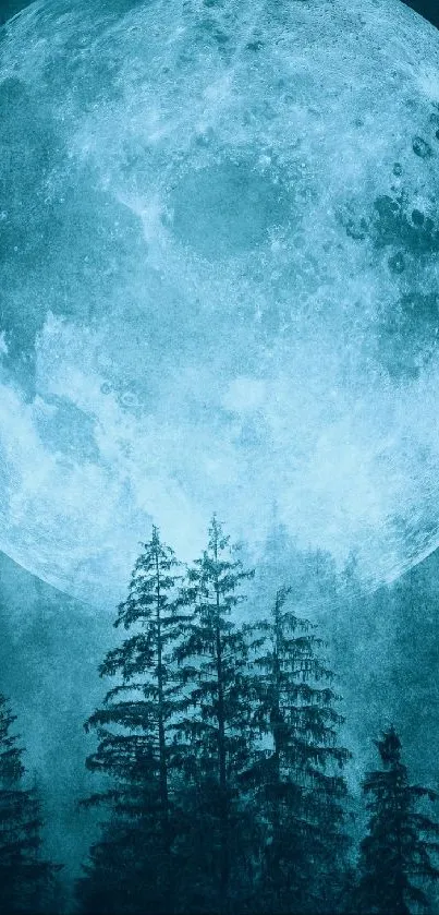 A vivid blue moon above dark forest trees.